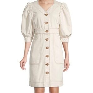 Tory Burch Cotton Puffed Sleeve Dress Ivory Button Front